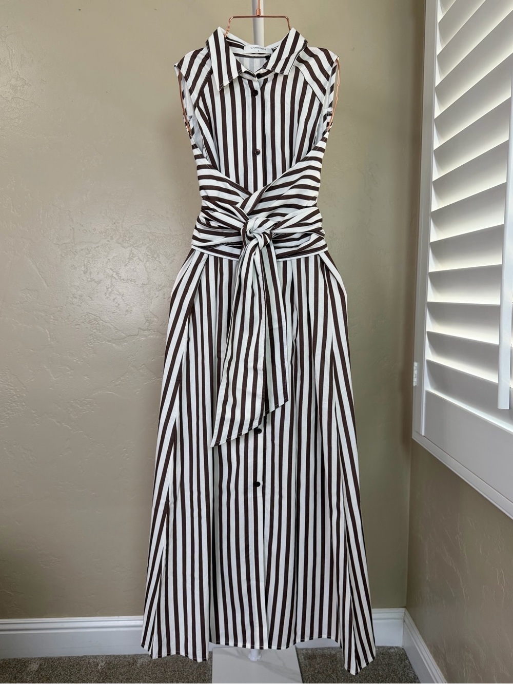 Commense Brown Ivory Striped Linen Blend Tie Waist Maxi Midi Dress Small NWT - Picture 2 of 8